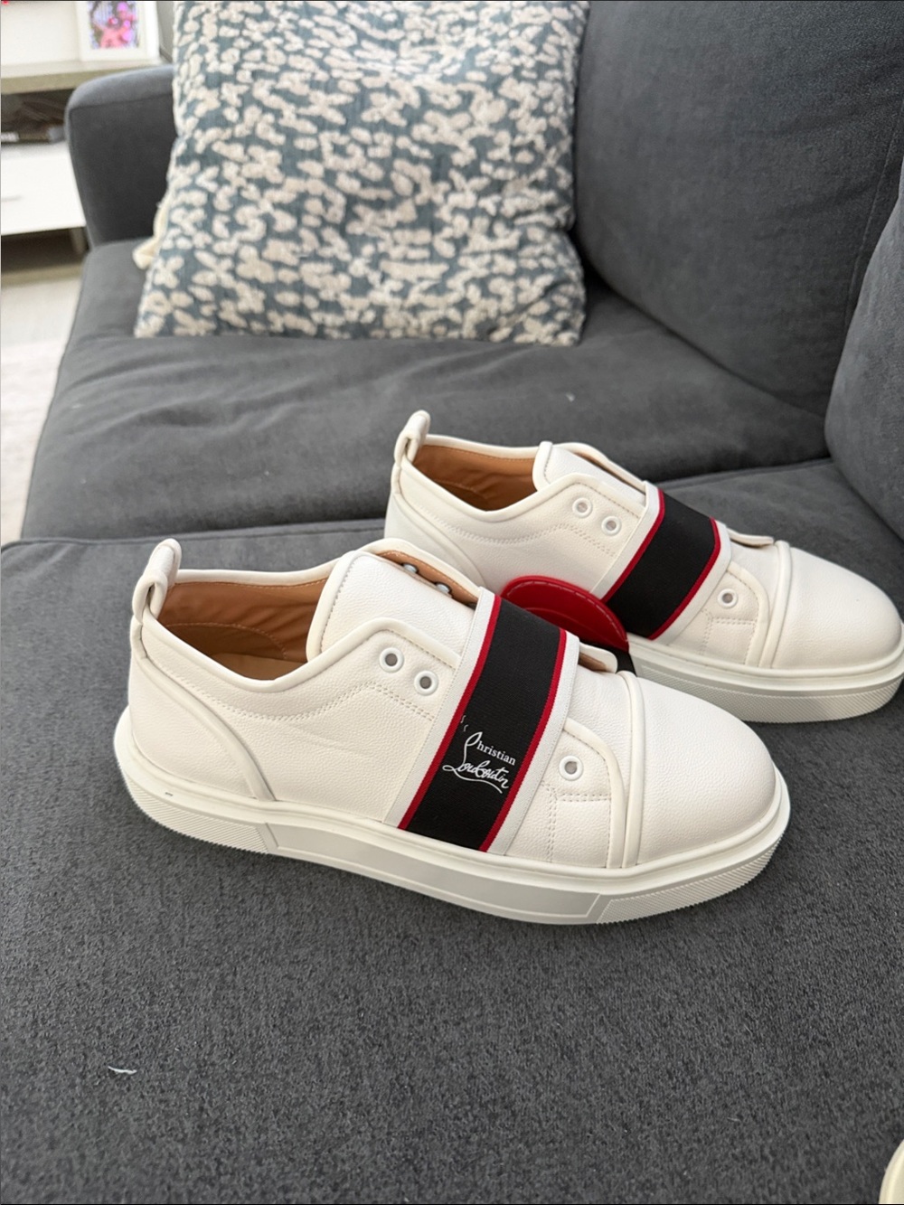 Christian Louboutin White Leather Slip-On Sneakers with Black & Red Elastic Band